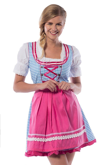 Robe tyrolienne Dirndl bleue à carreaux avec tablier rose