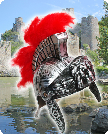 Roman helmet with red plumes