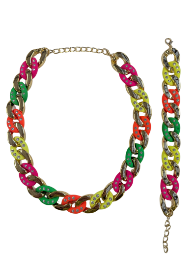 Set fluo neon party disco halsketting en armband met strass 80's