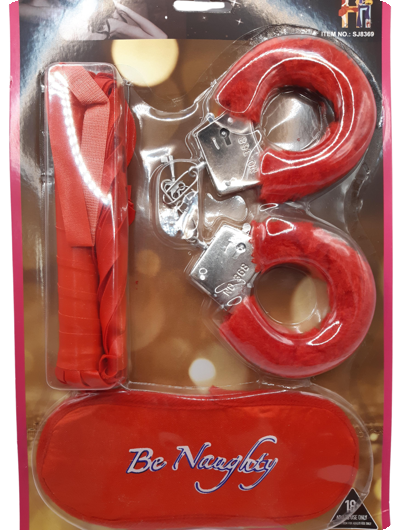 Set handboeien/zweep/masker rood