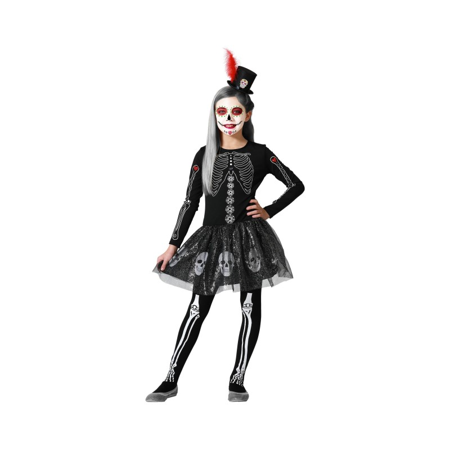 Skeleton costume with shiny skirt and skull details for girl