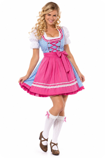 Tirolerjurk Dirndl Blauw Ruitjes met Roze Schort