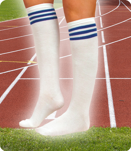 White stocking with 3 blue stripes