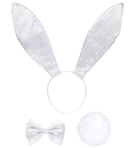 Witte Glitter konijn oren met strik en staartje