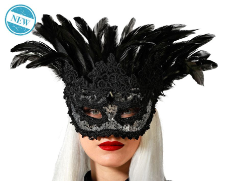 Zwart luxe oogmasker met veren