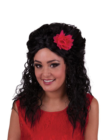 zwarte amy pruik met rode bloem