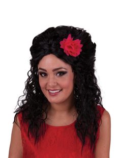 zwarte amy pruik met rode bloem