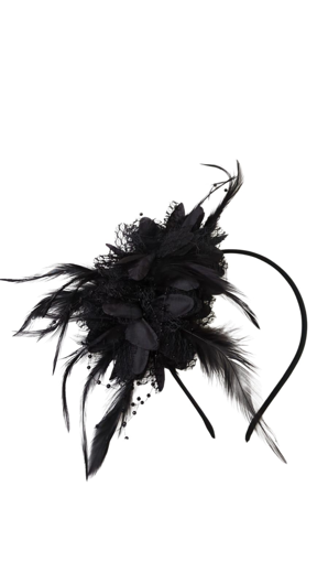Zwarte diadeem met pluimen en bloem